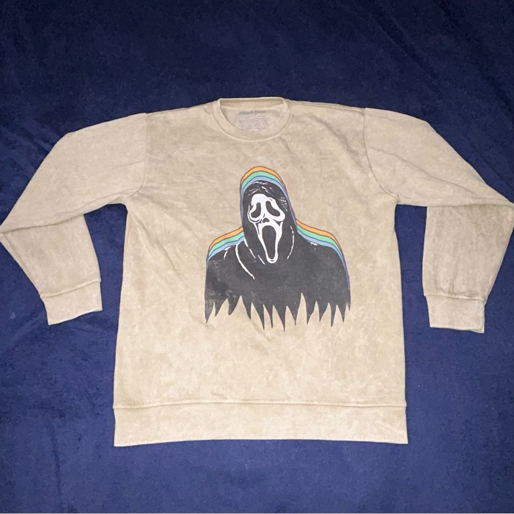 Ghost Face Graphic Sweatshirt Rainbow Trim Halloween Size Large Scream